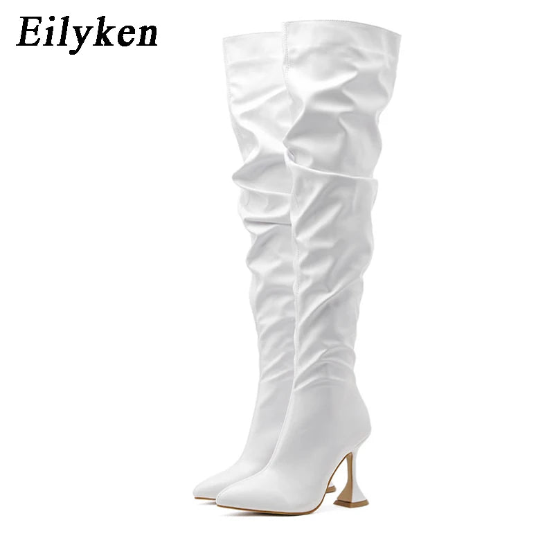 Eilyken New Design Pleated Leather Over The Knee Boots Fashion Runway Strange High Heels Sexy Pointed Toe Zip Womans Shoes