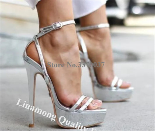 Linamong Elegant Open Toe High Platform Stiletto Heel Sandals Gold Silver Black Straps Cross High Heel Sandals Formal Dress Heel