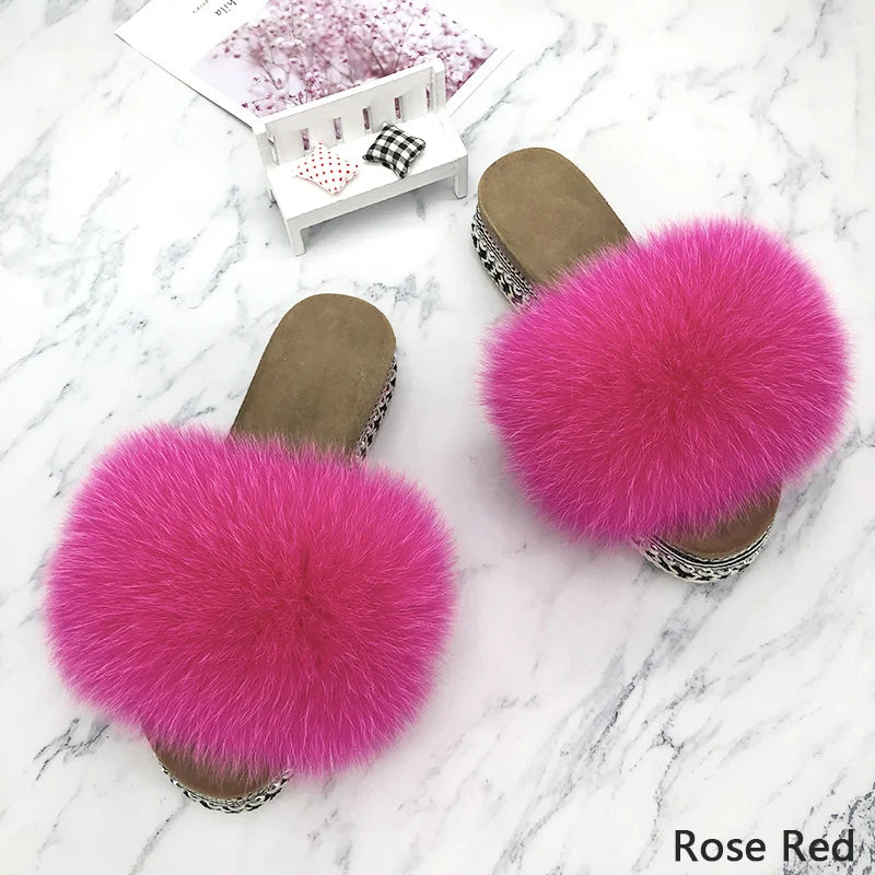 Slides Fur Summer Rivets Platform Sandals Ladies Sandals Outdoor Real Fur Ladies Heels Shoes 2021 New Fluffy Flip Flops Slippers