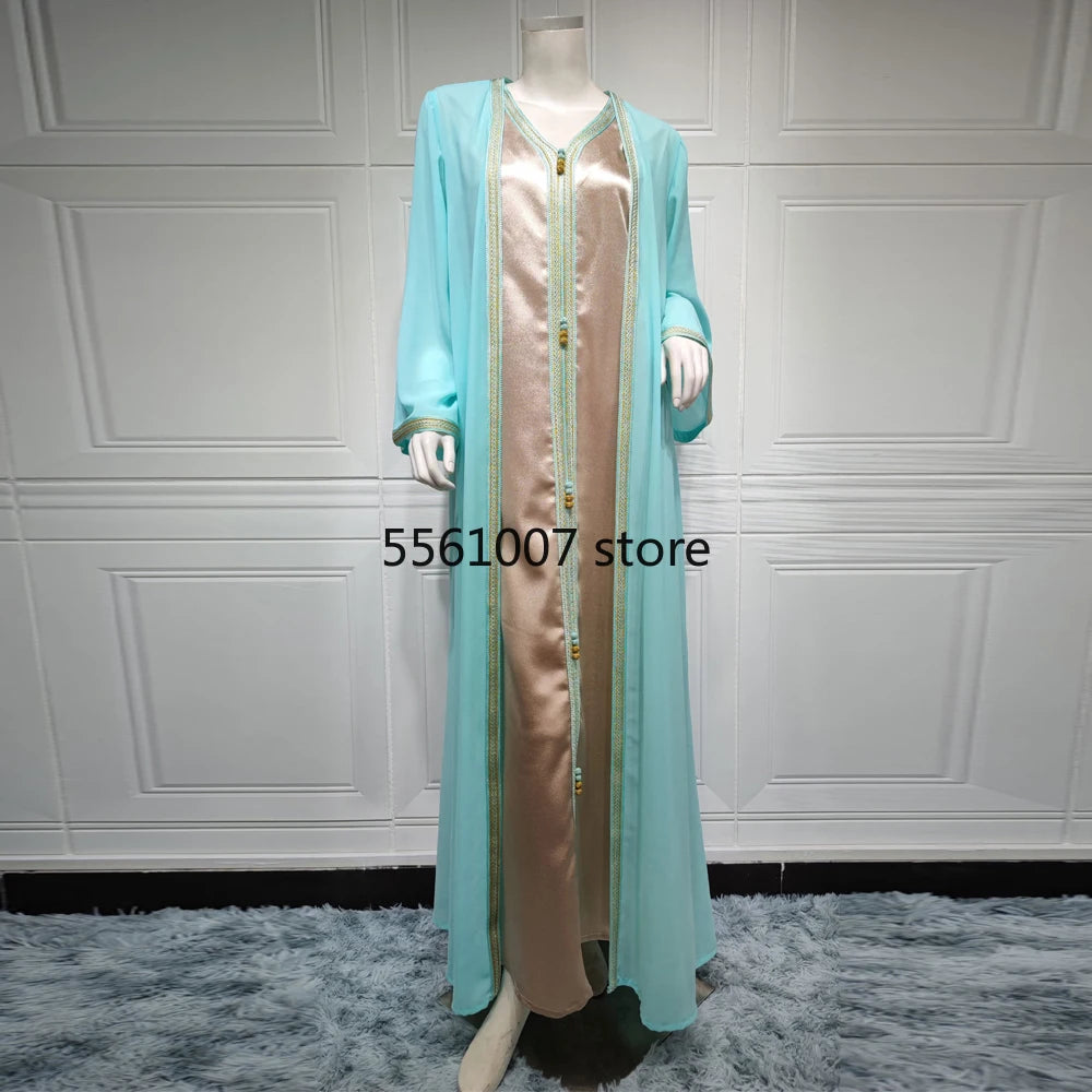 Muslim Kaftan Dress for Women, Long Sleeve Abaya, Islam Clothing, Kimono, Djellaba, Female Ramadan, Dubai, Turkey, 2 Piece Set