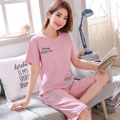 Summer Pajamas Girl's Cotton Short Sleeve Slim Sleepwear Large Size T-shirt + Cropped Pants Two-piece Set Cute Pyjamas Women 3XL