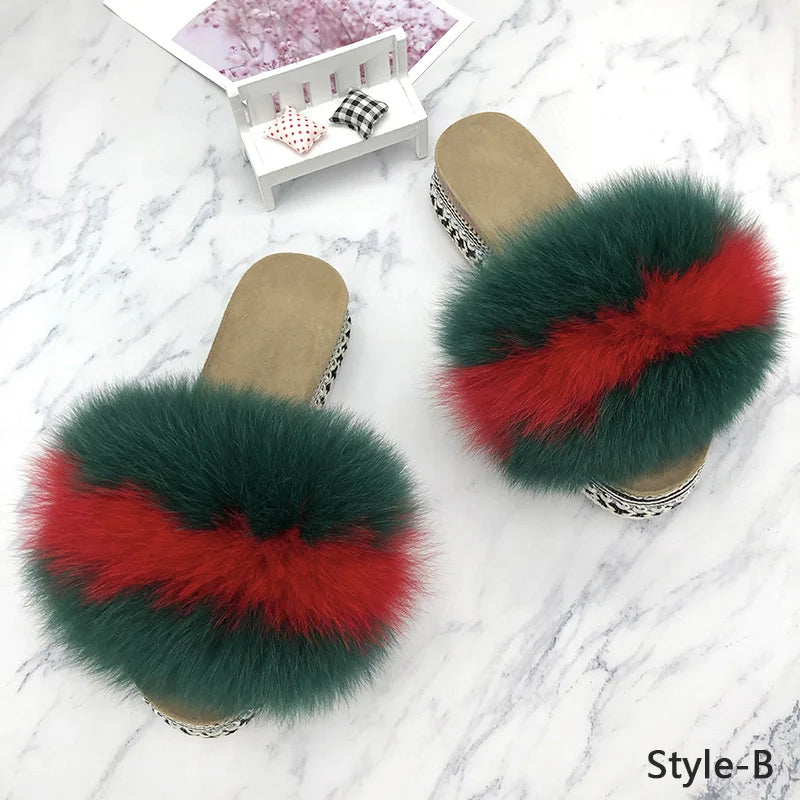 Slides Fur Summer Rivets Platform Sandals Ladies Sandals Outdoor Real Fur Ladies Heels Shoes 2021 New Fluffy Flip Flops Slippers