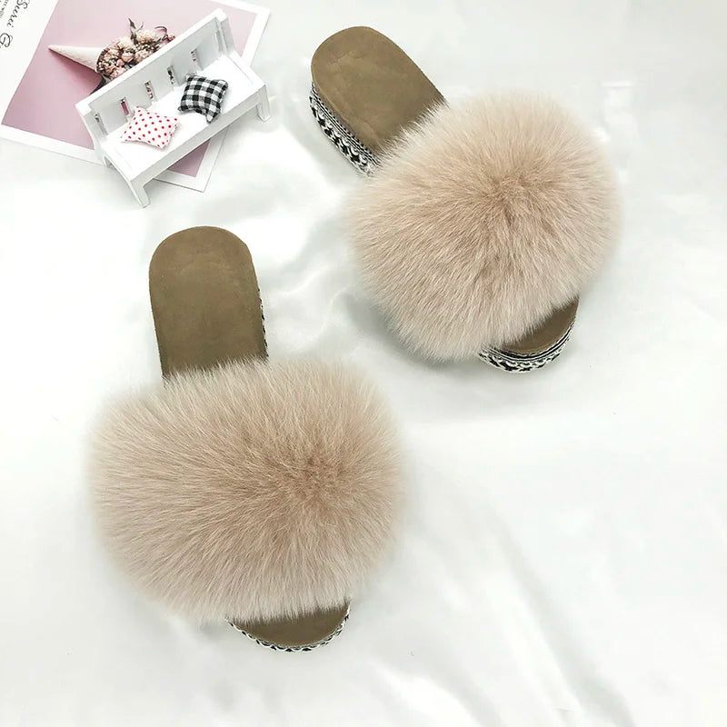 Slides Fur Summer Rivets Platform Sandals Ladies Sandals Outdoor Real Fur Ladies Heels Shoes 2021 New Fluffy Flip Flops Slippers