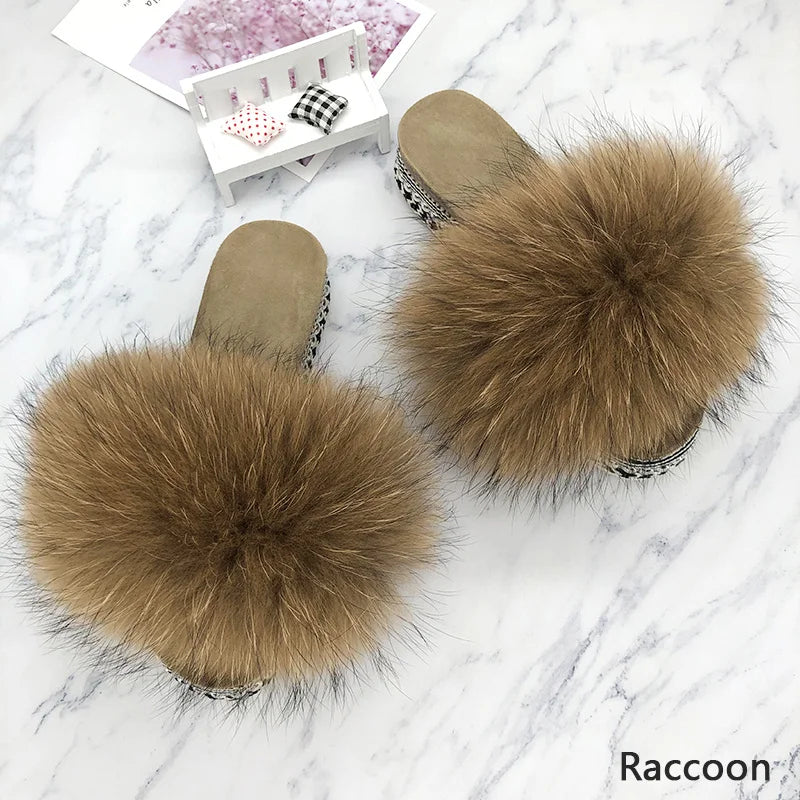 Slides Fur Summer Rivets Platform Sandals Ladies Sandals Outdoor Real Fur Ladies Heels Shoes 2021 New Fluffy Flip Flops Slippers