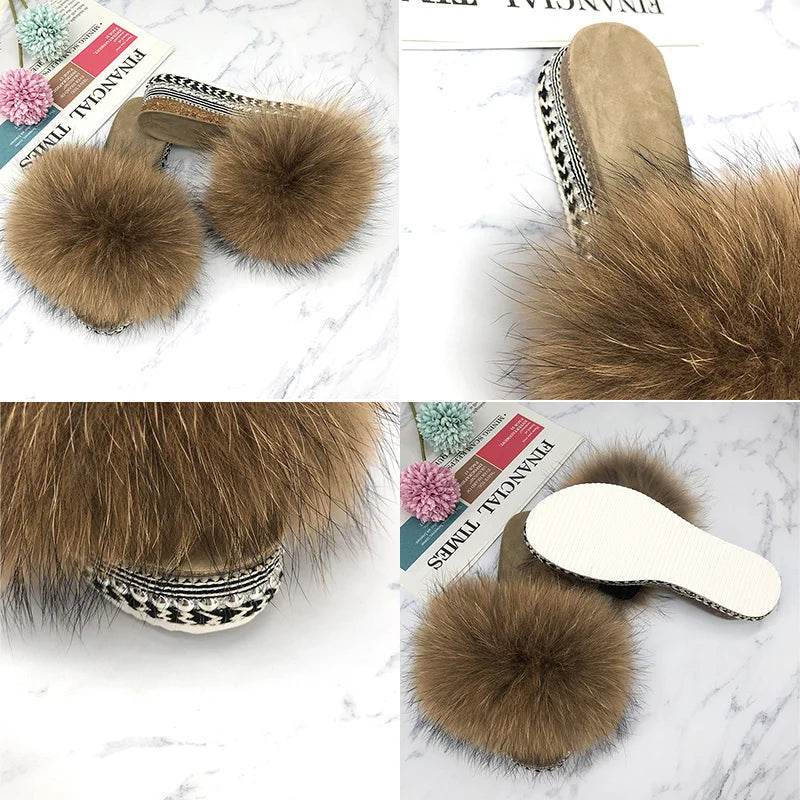 Slides Fur Summer Rivets Platform Sandals Ladies Sandals Outdoor Real Fur Ladies Heels Shoes 2021 New Fluffy Flip Flops Slippers