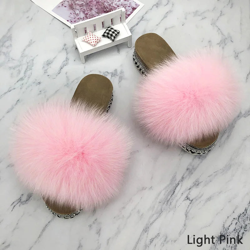 Slides Fur Summer Rivets Platform Sandals Ladies Sandals Outdoor Real Fur Ladies Heels Shoes 2021 New Fluffy Flip Flops Slippers