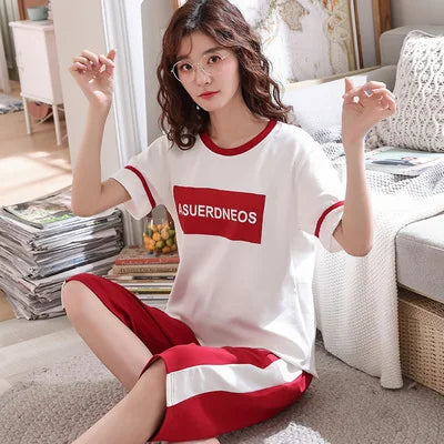 Summer Pajamas Girl's Cotton Short Sleeve Slim Sleepwear Large Size T-shirt + Cropped Pants Two-piece Set Cute Pyjamas Women 3XL