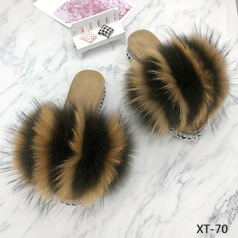 Slides Fur Summer Rivets Platform Sandals Ladies Sandals Outdoor Real Fur Ladies Heels Shoes 2021 New Fluffy Flip Flops Slippers