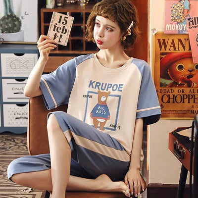 Summer Pajamas Girl's Cotton Short Sleeve Slim Sleepwear Large Size T-shirt + Cropped Pants Two-piece Set Cute Pyjamas Women 3XL