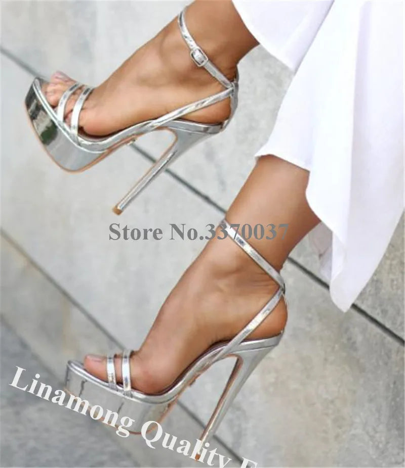 Linamong Elegant Open Toe High Platform Stiletto Heel Sandals Gold Silver Black Straps Cross High Heel Sandals Formal Dress Heel