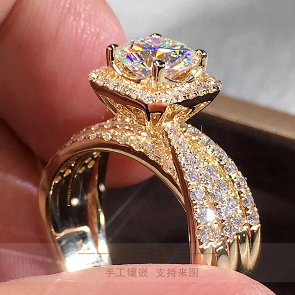 Custom Solid 18K Yellow Gold Women Ring Moissanite Diamonds 2 3 4 5 Carat Round 5 Lap Flash Wedding Engagement Anniversary Ring