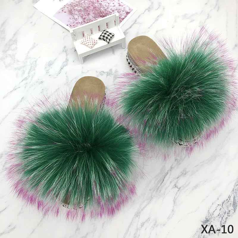 Slides Fur Summer Rivets Platform Sandals Ladies Sandals Outdoor Real Fur Ladies Heels Shoes 2021 New Fluffy Flip Flops Slippers