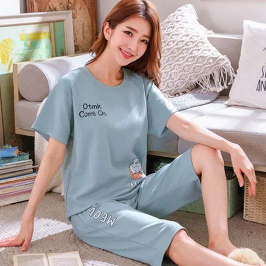 Summer Pajamas Girl's Cotton Short Sleeve Slim Sleepwear Large Size T-shirt + Cropped Pants Two-piece Set Cute Pyjamas Women 3XL