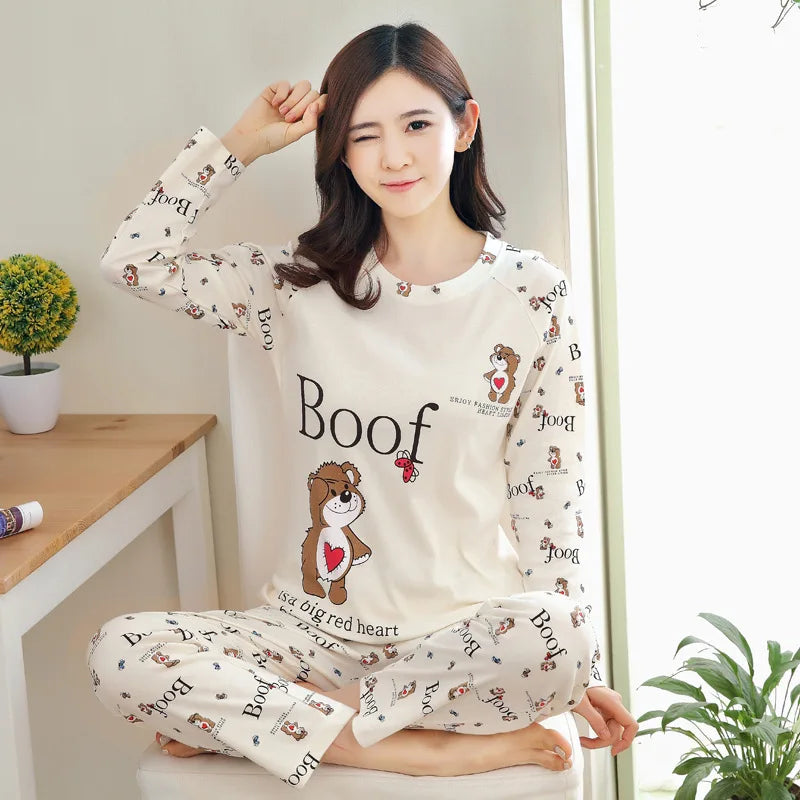 Autumn Winter New Long-Sleeved Pajamas Women's Casual Sleepwear Cute Cartoon Nightwear Women's Home Clothes Casual Nightgown