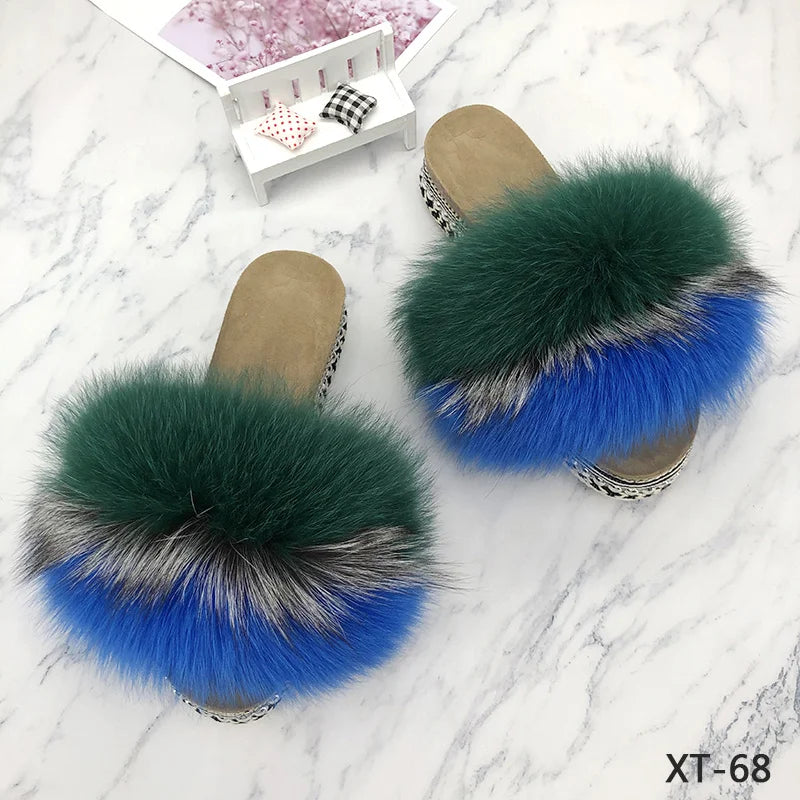 Slides Fur Summer Rivets Platform Sandals Ladies Sandals Outdoor Real Fur Ladies Heels Shoes 2021 New Fluffy Flip Flops Slippers