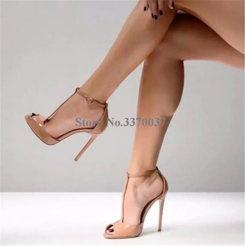 Spring New Fashion Women Peep Toe Patent Leather Stiletto Heel Pumps Wine Red Ankle Strap High Heels Formal Dress Shoes