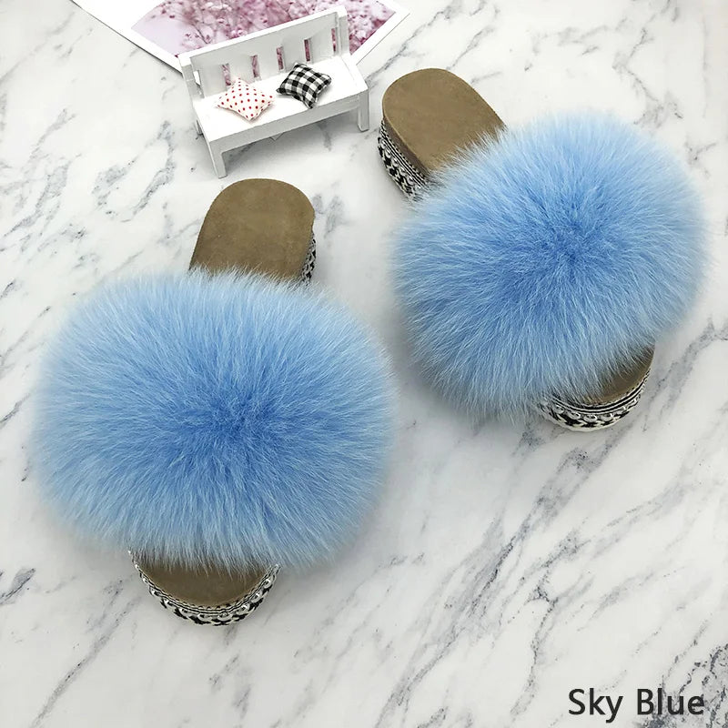 Slides Fur Summer Rivets Platform Sandals Ladies Sandals Outdoor Real Fur Ladies Heels Shoes 2021 New Fluffy Flip Flops Slippers