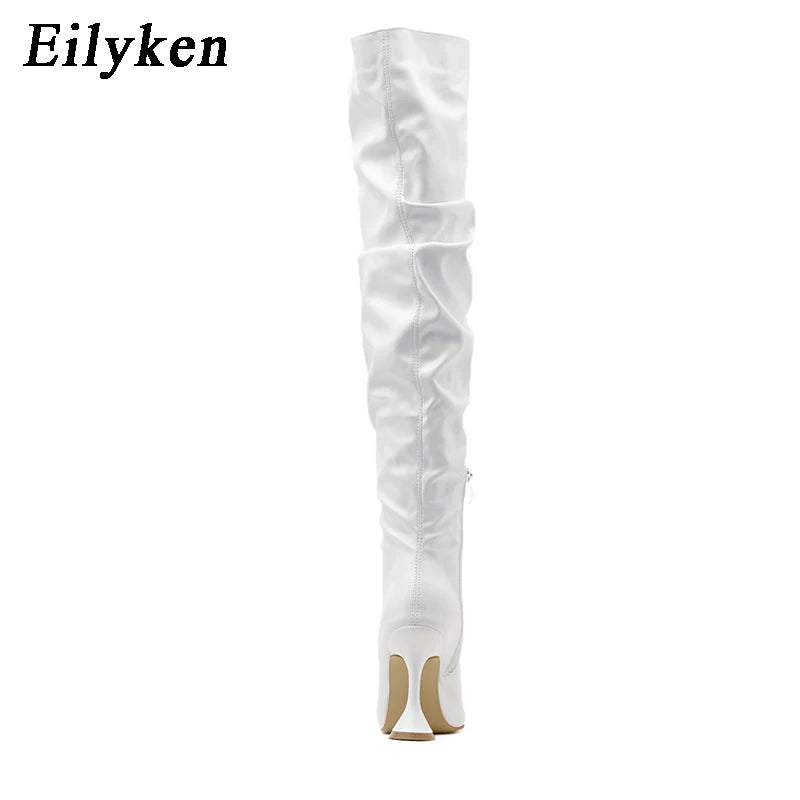 Eilyken New Design Pleated Leather Over The Knee Boots Fashion Runway Strange High Heels Sexy Pointed Toe Zip Womans Shoes