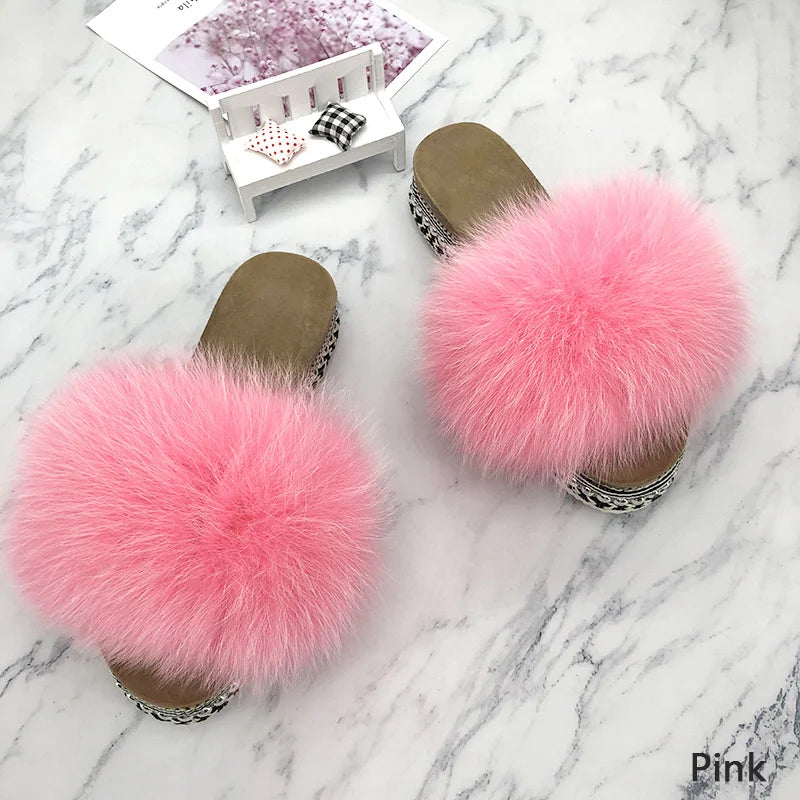 Slides Fur Summer Rivets Platform Sandals Ladies Sandals Outdoor Real Fur Ladies Heels Shoes 2021 New Fluffy Flip Flops Slippers