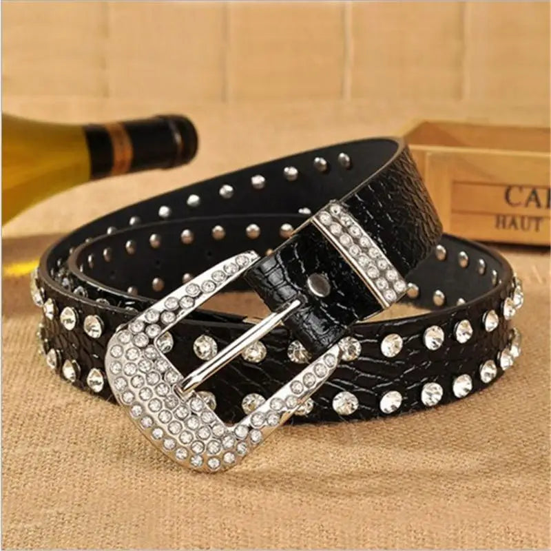 SupSindy Women Belt Pin Buckle Luxury Brand Designer Rhinestones Rivets Leopard Print PU Leather Belts for Women Jeans Waistband