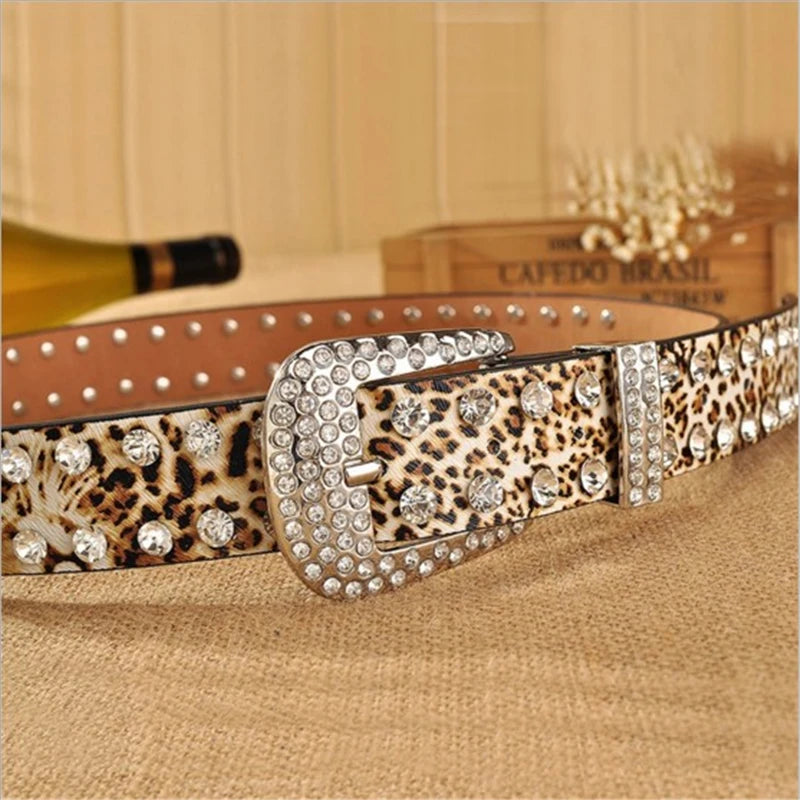 SupSindy Women Belt Pin Buckle Luxury Brand Designer Rhinestones Rivets Leopard Print PU Leather Belts for Women Jeans Waistband