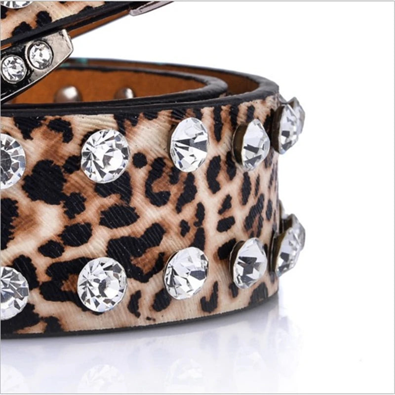 SupSindy Women Belt Pin Buckle Luxury Brand Designer Rhinestones Rivets Leopard Print PU Leather Belts for Women Jeans Waistband