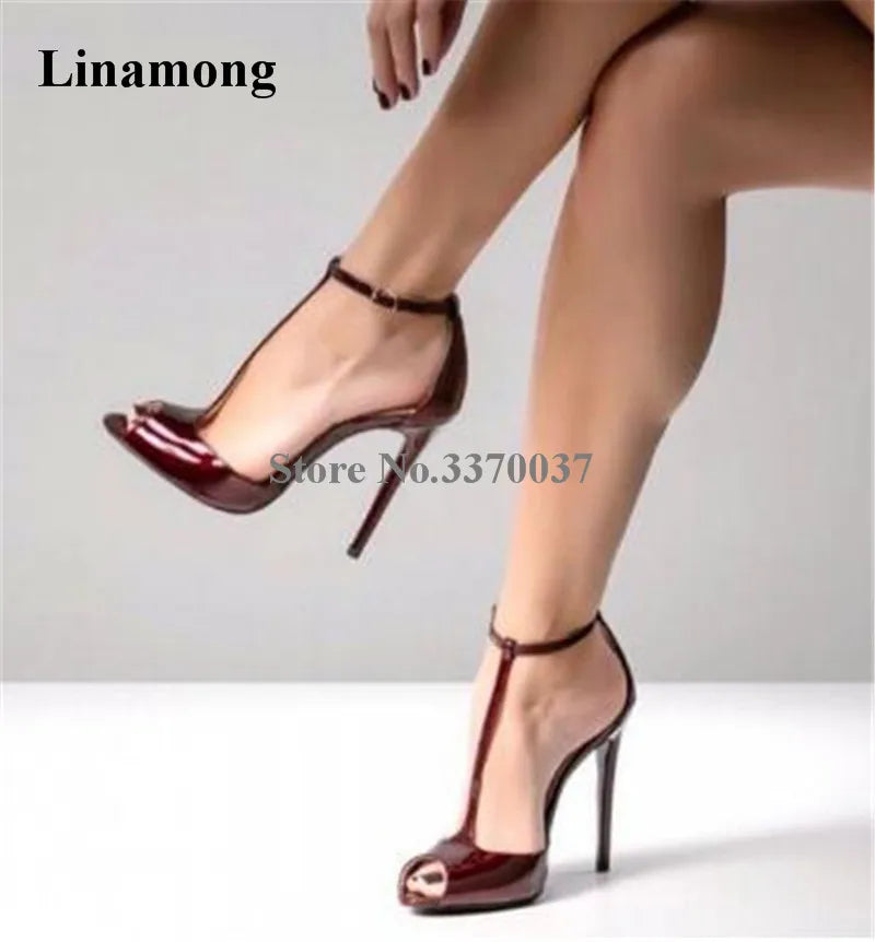 Spring New Fashion Women Peep Toe Patent Leather Stiletto Heel Pumps Wine Red Ankle Strap High Heels Formal Dress Shoes