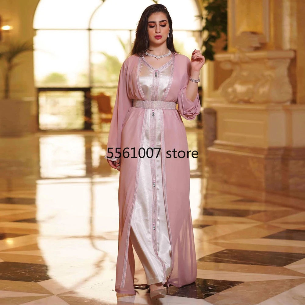 Muslim Kaftan Dress for Women, Long Sleeve Abaya, Islam Clothing, Kimono, Djellaba, Female Ramadan, Dubai, Turkey, 2 Piece Set