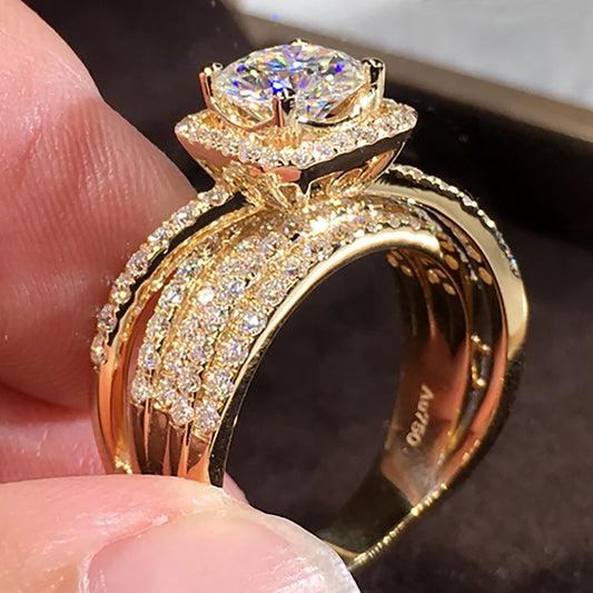 Custom Solid 18K Yellow Gold Women Ring Moissanite Diamonds 2 3 4 5 Carat Round 5 Lap Flash Wedding Engagement Anniversary Ring