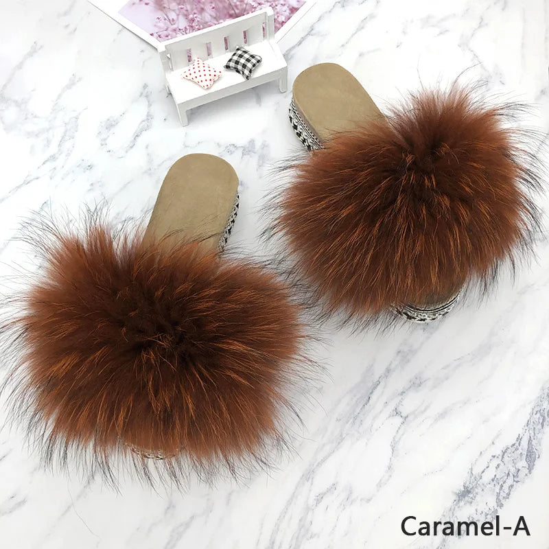 Slides Fur Summer Rivets Platform Sandals Ladies Sandals Outdoor Real Fur Ladies Heels Shoes 2021 New Fluffy Flip Flops Slippers