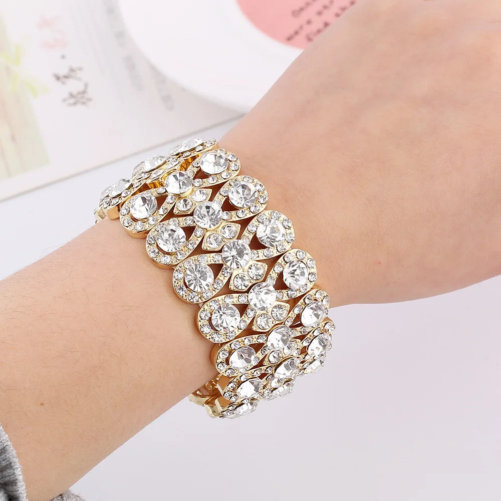 Wedding Jewelry Luxury Full Crystal Rhinestones Gold Color Bracelets for Women Bride Stretch Rope Wide Bracelets & Bangles Gift