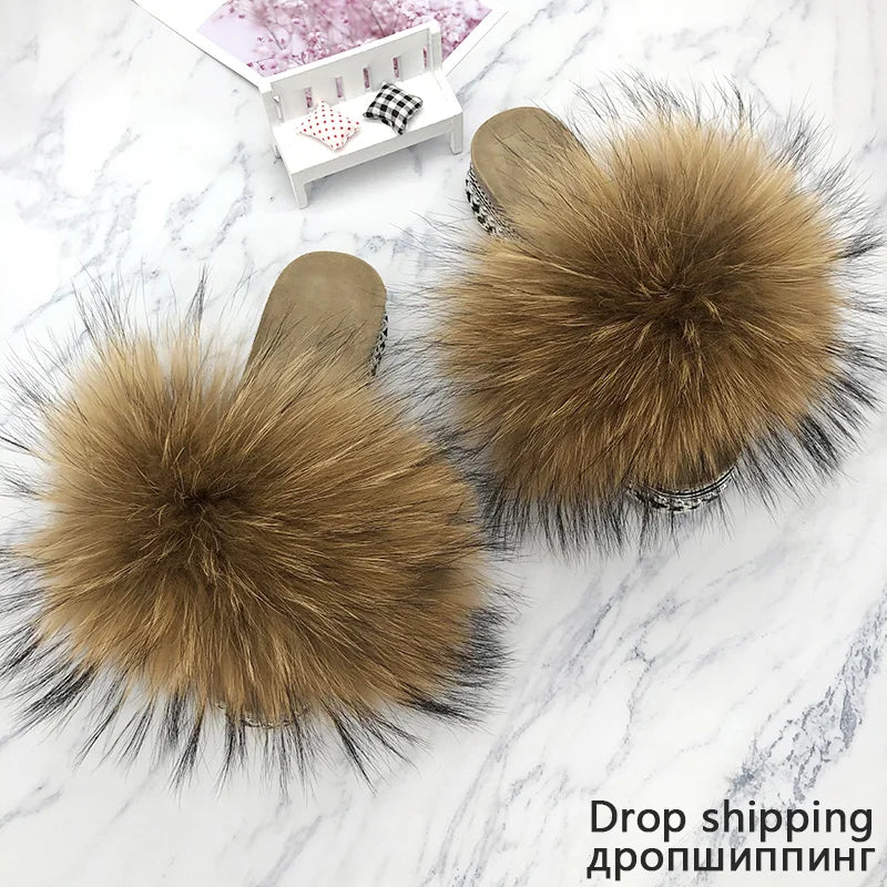 Slides Fur Summer Rivets Platform Sandals Ladies Sandals Outdoor Real Fur Ladies Heels Shoes 2021 New Fluffy Flip Flops Slippers