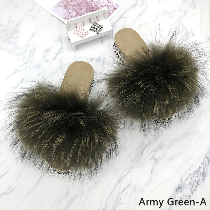 Slides Fur Summer Rivets Platform Sandals Ladies Sandals Outdoor Real Fur Ladies Heels Shoes 2021 New Fluffy Flip Flops Slippers