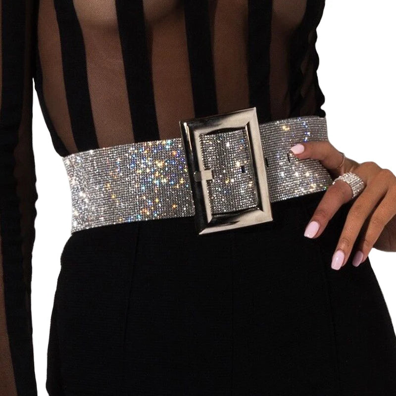 New Luxury Brand Design Rhinestone Women's Wide Belt Fashion Shiny Diamond Crystal Waistband Female Gold Silver Waist Party Belt