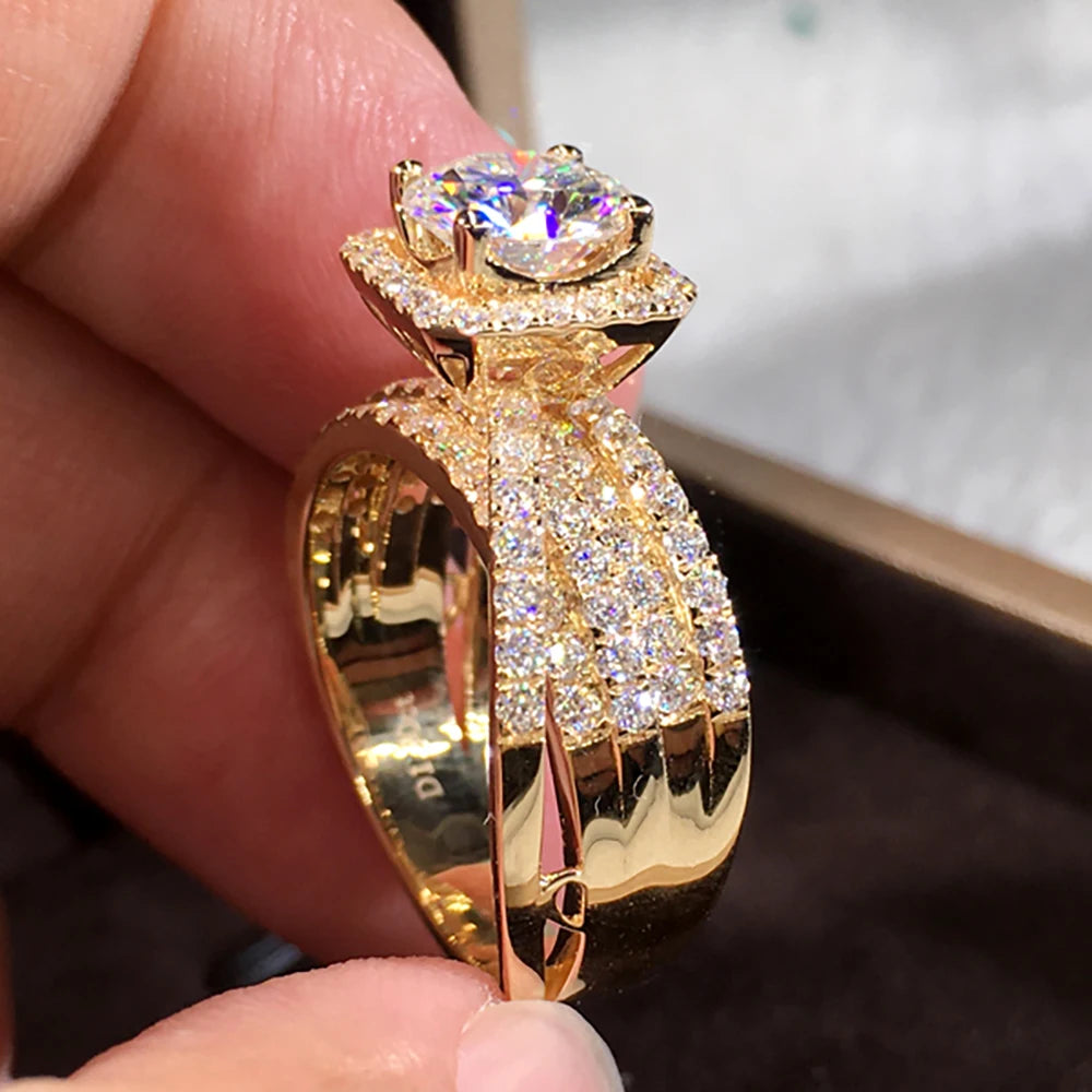 Custom Solid 18K Yellow Gold Women Ring Moissanite Diamonds 2 3 4 5 Carat Round 5 Lap Flash Wedding Engagement Anniversary Ring