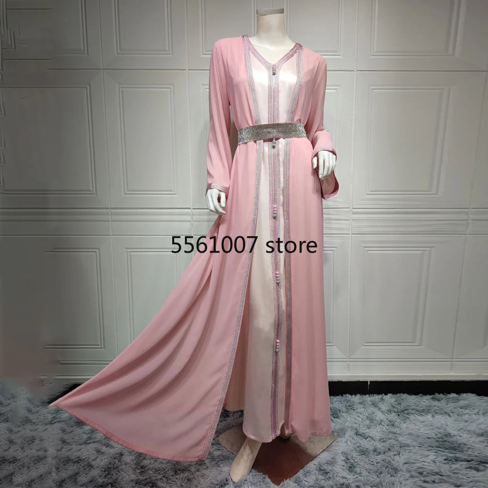 Muslim Kaftan Dress for Women, Long Sleeve Abaya, Islam Clothing, Kimono, Djellaba, Female Ramadan, Dubai, Turkey, 2 Piece Set