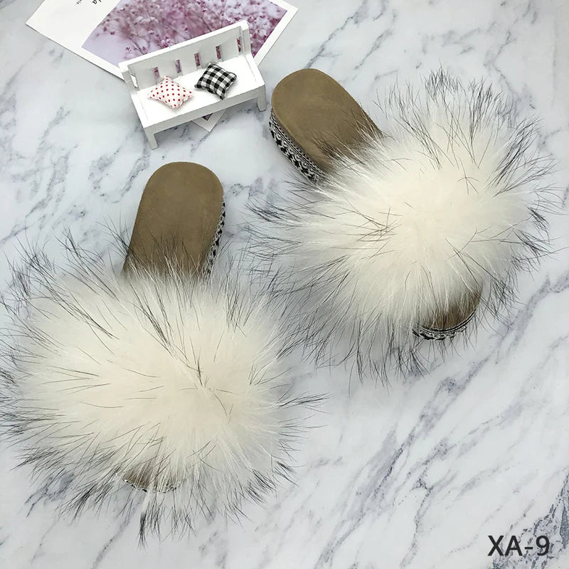 Slides Fur Summer Rivets Platform Sandals Ladies Sandals Outdoor Real Fur Ladies Heels Shoes 2021 New Fluffy Flip Flops Slippers