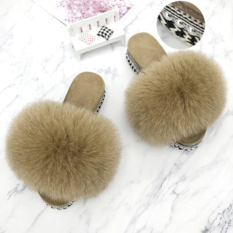 Slides Fur Summer Rivets Platform Sandals Ladies Sandals Outdoor Real Fur Ladies Heels Shoes 2021 New Fluffy Flip Flops Slippers