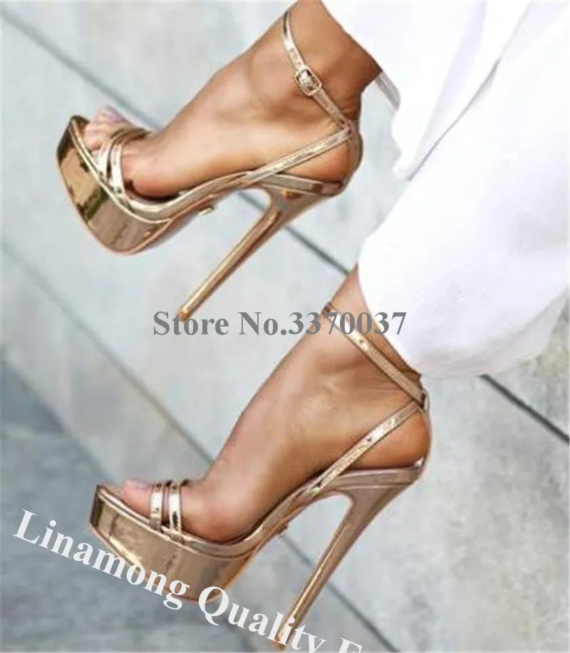 Linamong Elegant Open Toe High Platform Stiletto Heel Sandals Gold Silver Black Straps Cross High Heel Sandals Formal Dress Heel