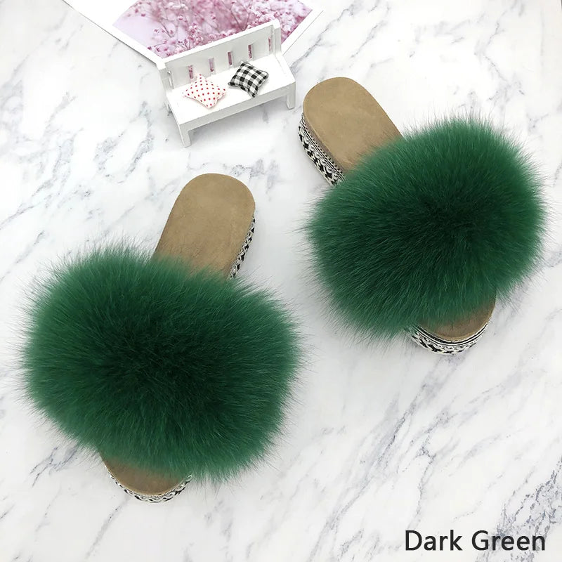 Slides Fur Summer Rivets Platform Sandals Ladies Sandals Outdoor Real Fur Ladies Heels Shoes 2021 New Fluffy Flip Flops Slippers