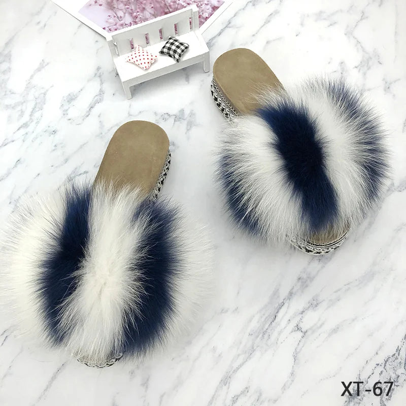 Slides Fur Summer Rivets Platform Sandals Ladies Sandals Outdoor Real Fur Ladies Heels Shoes 2021 New Fluffy Flip Flops Slippers