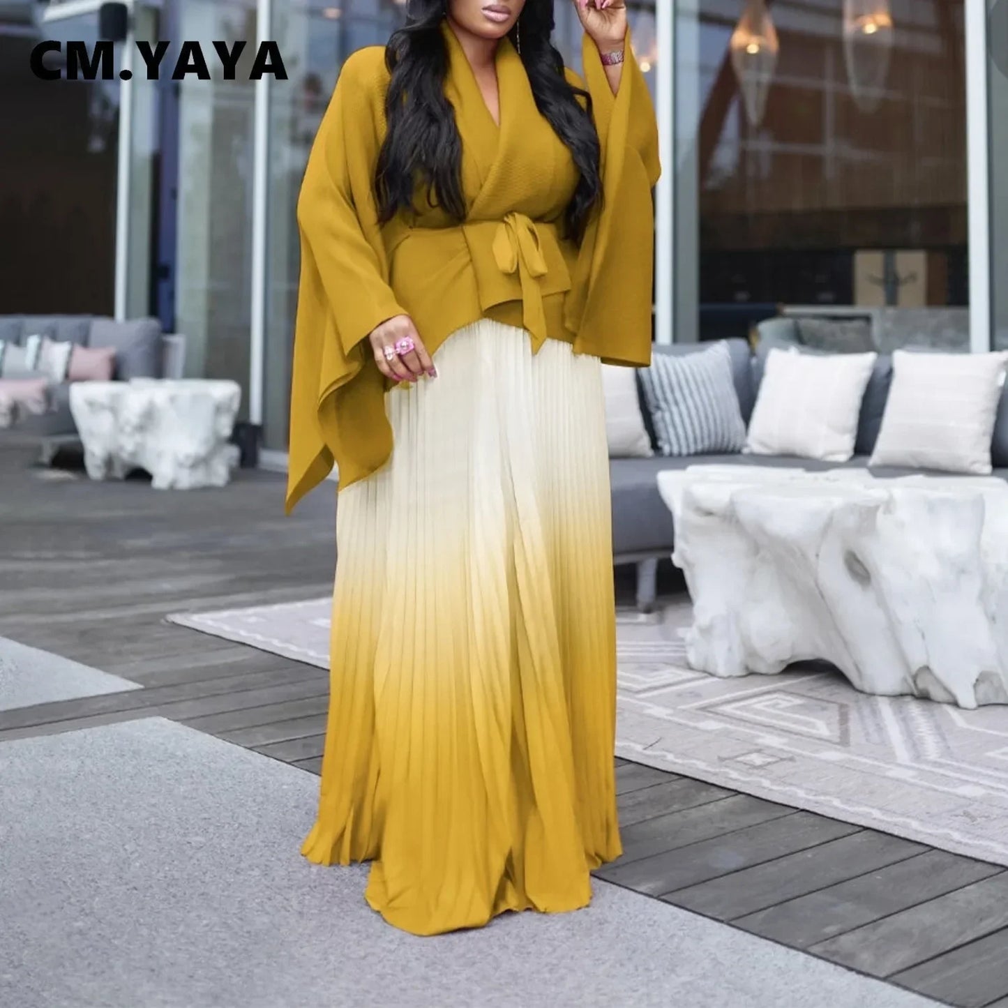 CM.YAYA Gradient Women's Set Full Sleeve Belt Blouse Shirt and Pleated Long Skirts Suit Street Two 2 Piece Set Outfit Tracksuit