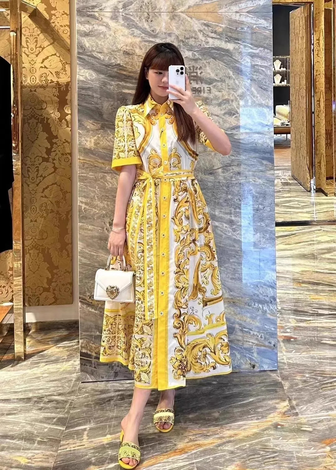 JAMERARY New Summer Golden Floral Midi Dress Shirt Women Single Breasted Pearls Button Short Sleeve Long Dresses Office Lady