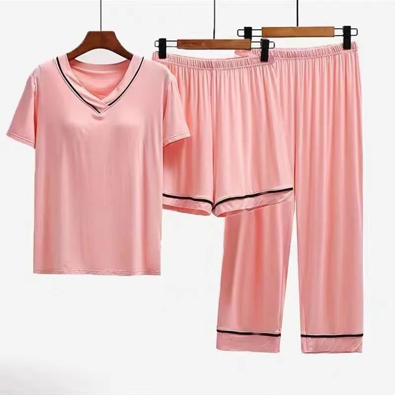 2024 Modal padded pajamas for women in summer, thin and loose short sleeved capris shorts set, three piece home clothing set