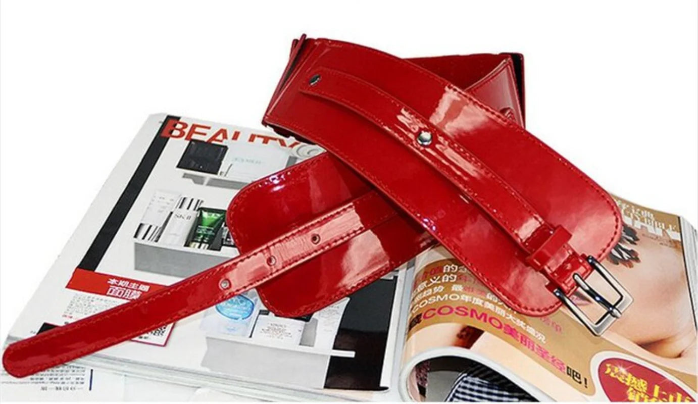 Women Luxury Patent Leather Wide Stretch Belt Fashion Design Black Red Belt Suitable for Casual&Office&Party