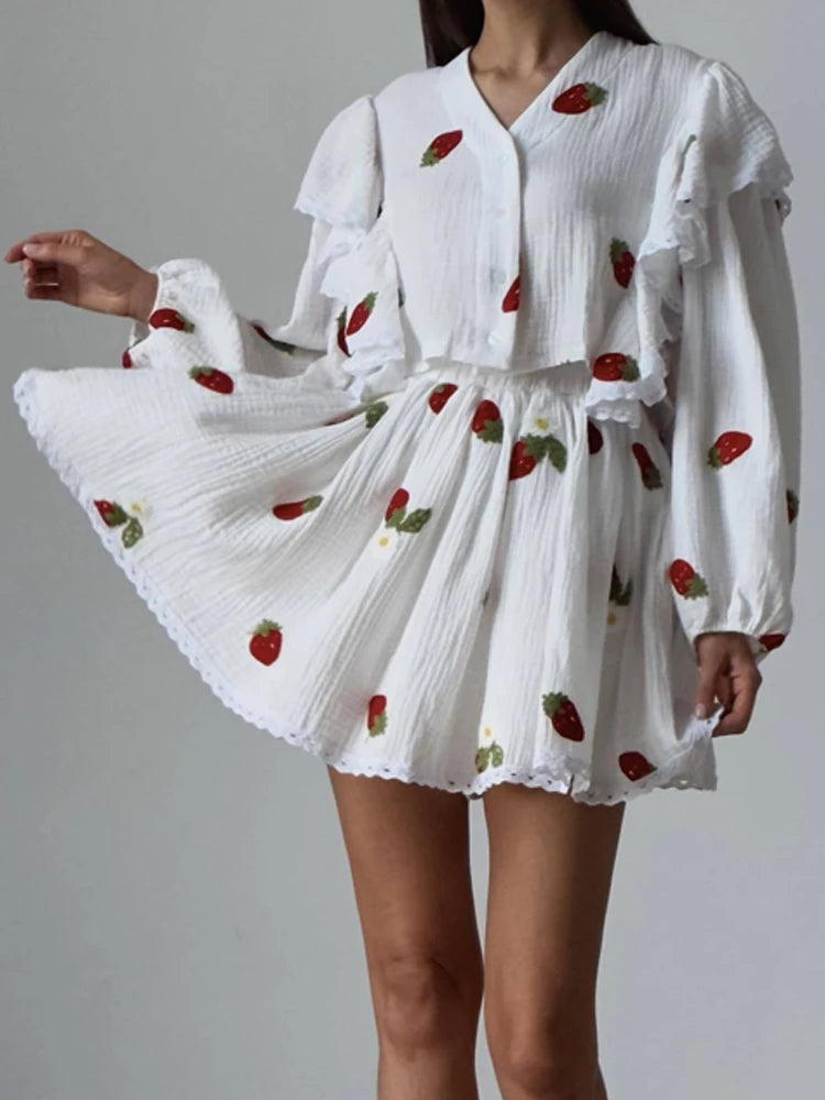 Home Suit Women Pajamas Cotton Linen Top Skirt Set Summer Strawberry Pattern Ruffle Long Sleeve Button Blouse Mini Skirt Outfits