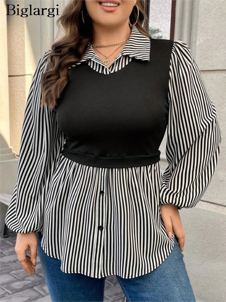 Plus Size Summer Fake Two Piece Set Shirts Tops Women Striped Print Patchwork Fashion Casual Ladies Blouses Loose Woman Shirts