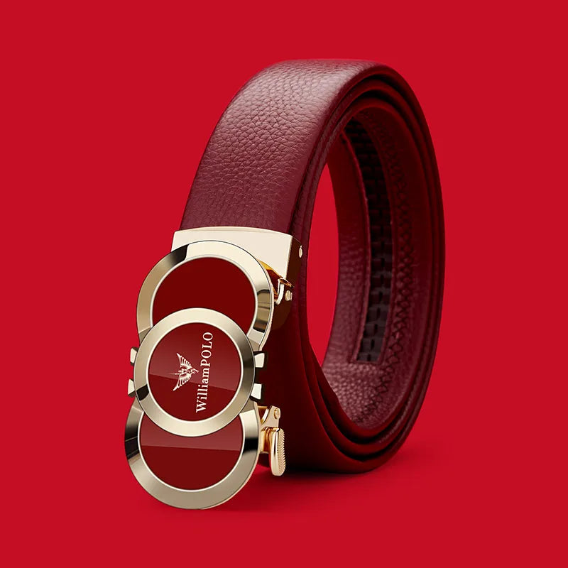 Genuine leather Chinese style men's belt, red belt, automatic buckle, personalized belt