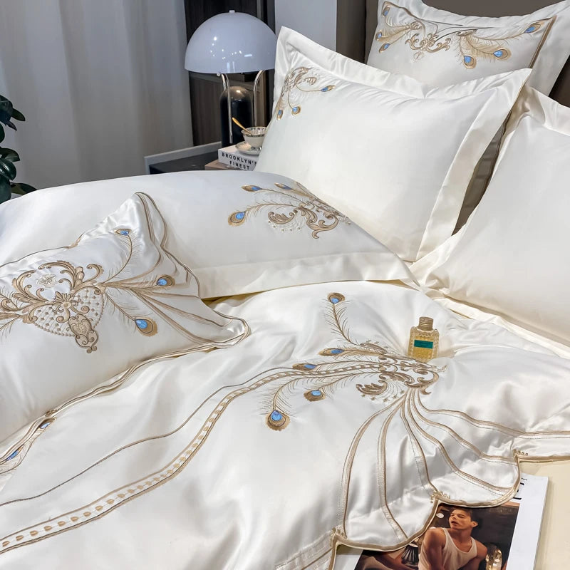 Nordic Bedding Set Luxury Gold Feather Embroidery 100 Egyptian Cotton Double Duvet Cover Bed Sheets and Pillowcases Bed Set