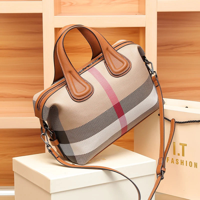 Lady Boston Handbags 2024 Luxury Fashion Plaid Canvas Women Messenger Shoulder Bags Brand Designer Portable Crossbody Bag Purses